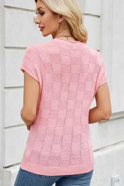 Checkered Short Sleeve Knit Top
