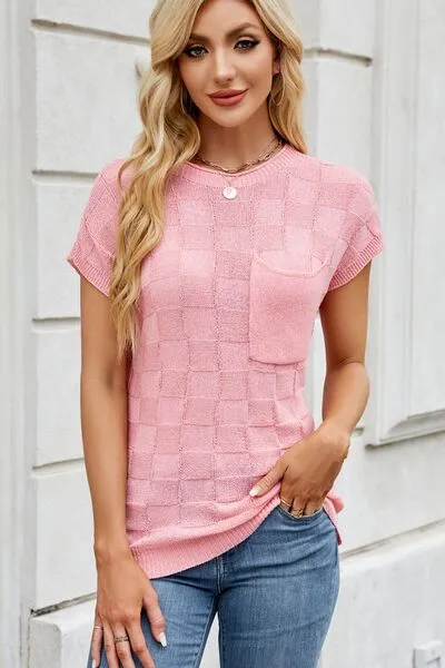 Checkered Short Sleeve Knit Top