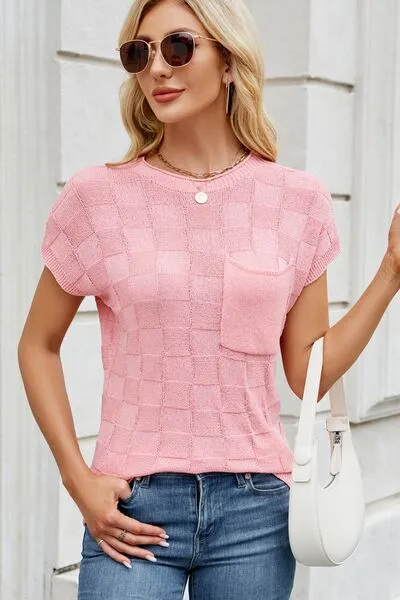 Checkered Short Sleeve Knit Top