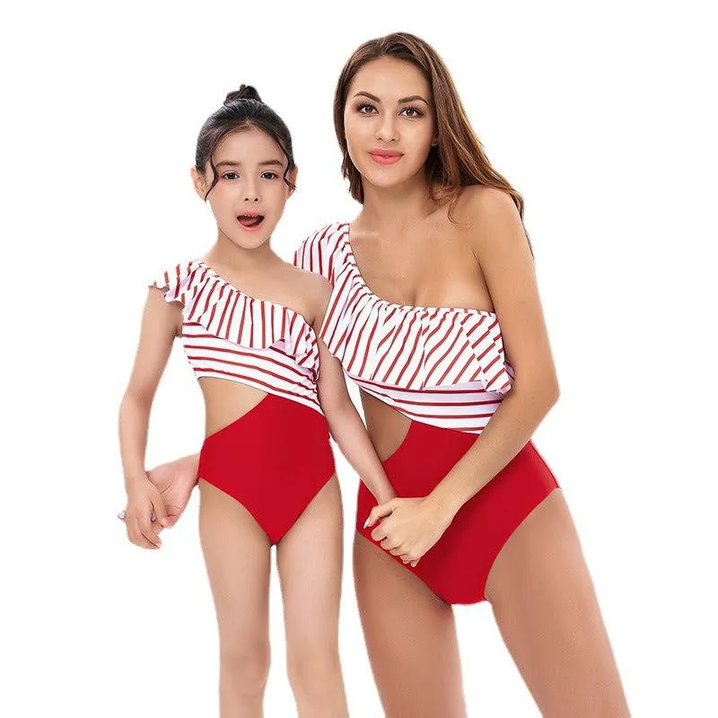 Chic One-Shoulder Striped Ruffle Swimsuit for Women and Girls - Elegant Monokini with Side Tie