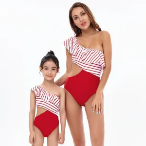 Chic One-Shoulder Striped Ruffle Swimsuit for Women and Girls - Elegant Monokini with Side Tie