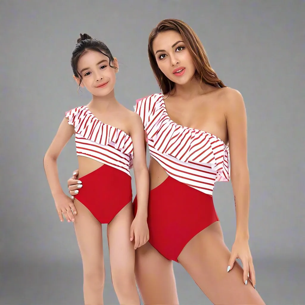 Chic One-Shoulder Striped Ruffle Swimsuit for Women and Girls - Elegant Monokini with Side Tie