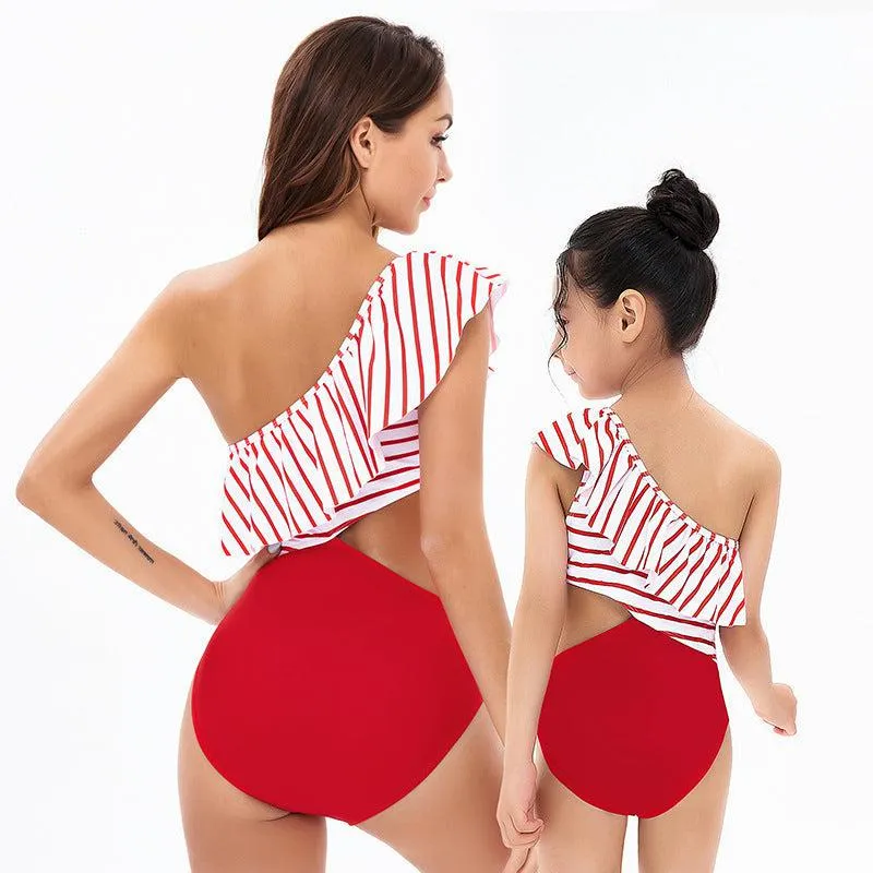 Chic One-Shoulder Striped Ruffle Swimsuit for Women and Girls - Elegant Monokini with Side Tie