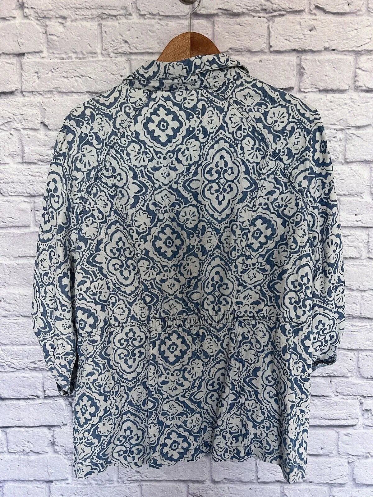 CHICOS Womens Snap Button Jacket Plus Sz 3 Pockets Paisley Blue Lyocell￼