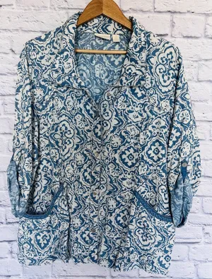 CHICOS Womens Snap Button Jacket Plus Sz 3 Pockets Paisley Blue Lyocell￼