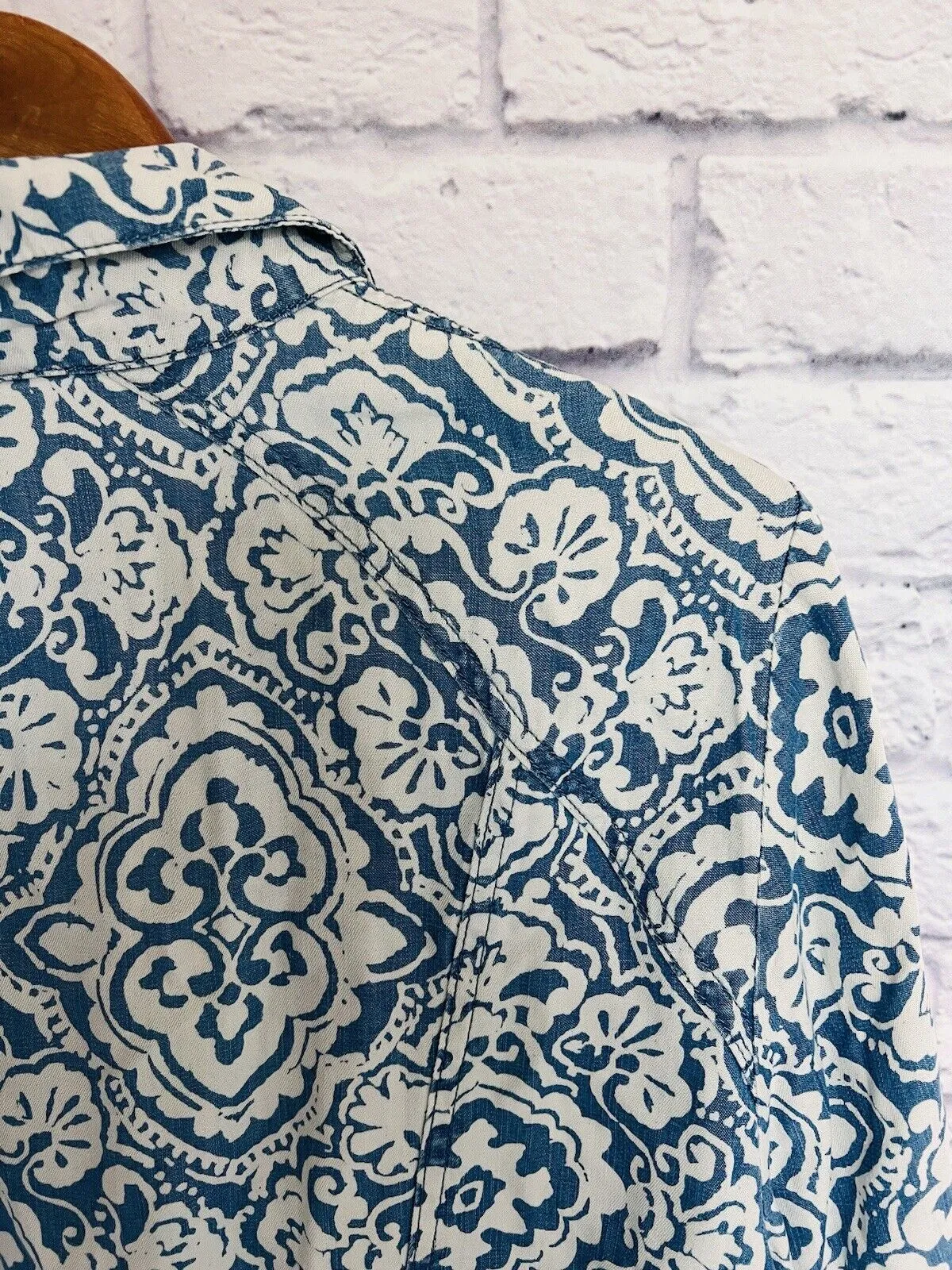 CHICOS Womens Snap Button Jacket Plus Sz 3 Pockets Paisley Blue Lyocell￼