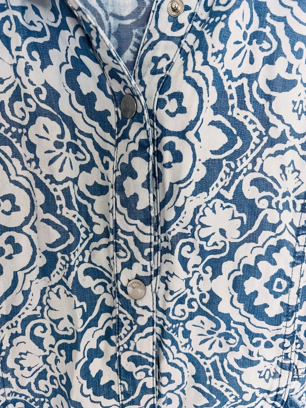 CHICOS Womens Snap Button Jacket Plus Sz 3 Pockets Paisley Blue Lyocell￼
