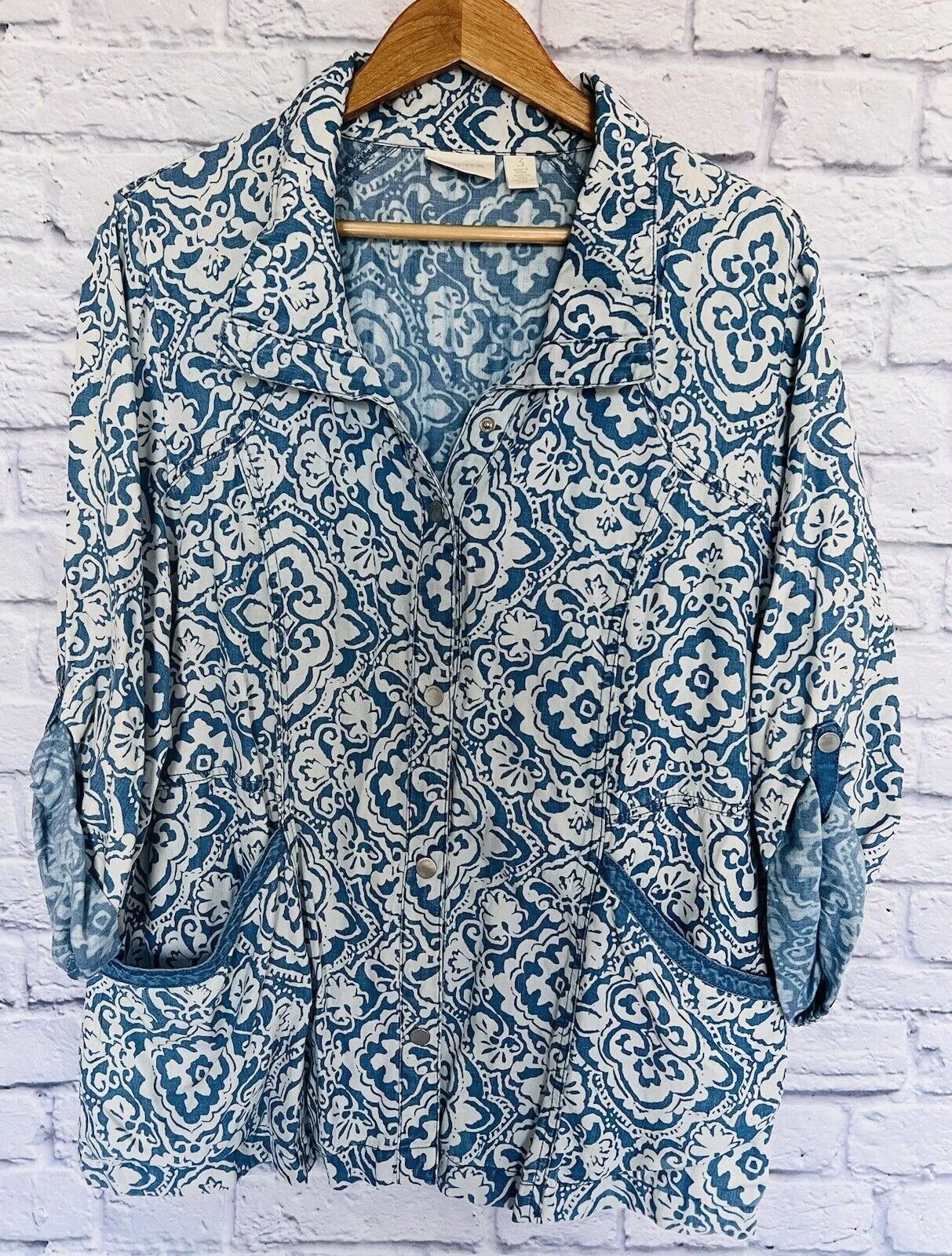 CHICOS Womens Snap Button Jacket Plus Sz 3 Pockets Paisley Blue Lyocell￼