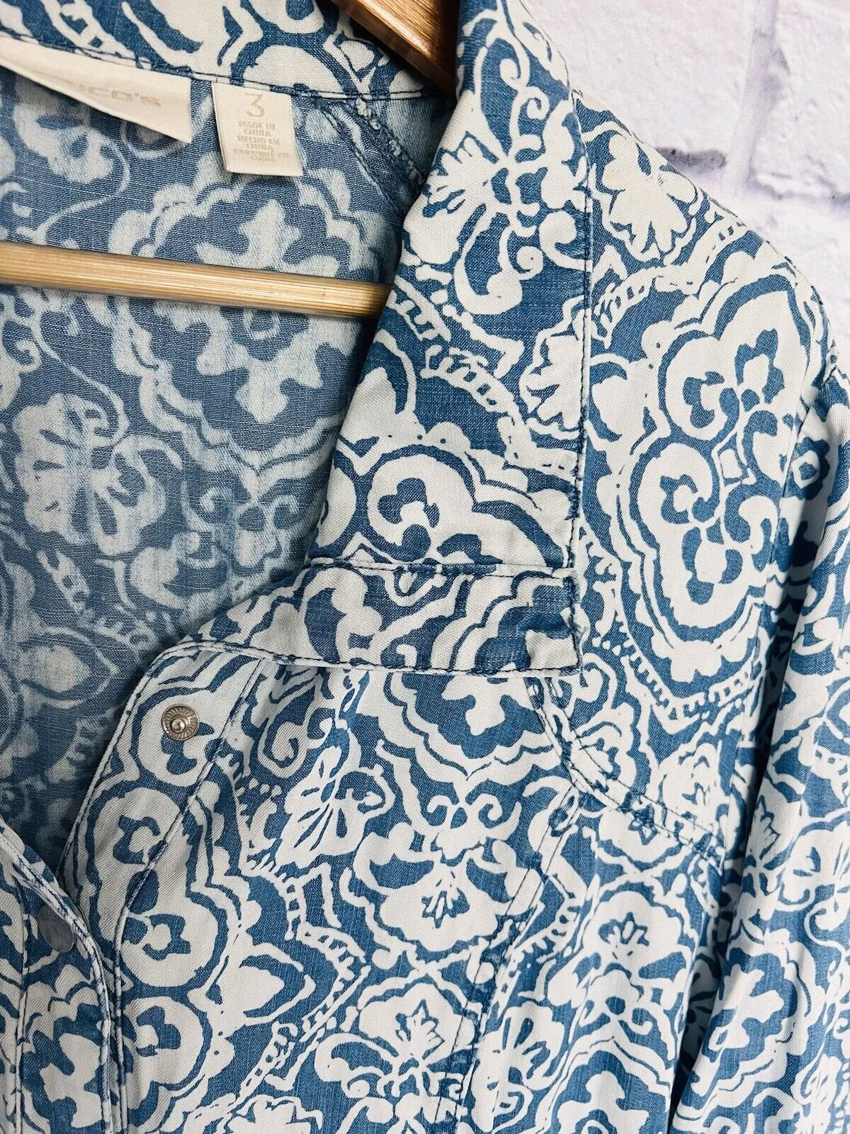 CHICOS Womens Snap Button Jacket Plus Sz 3 Pockets Paisley Blue Lyocell￼