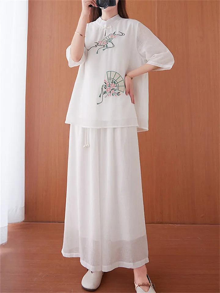 Chinese Style Peach Blossom Fan Embroidery Female Half Sleeve Shirt