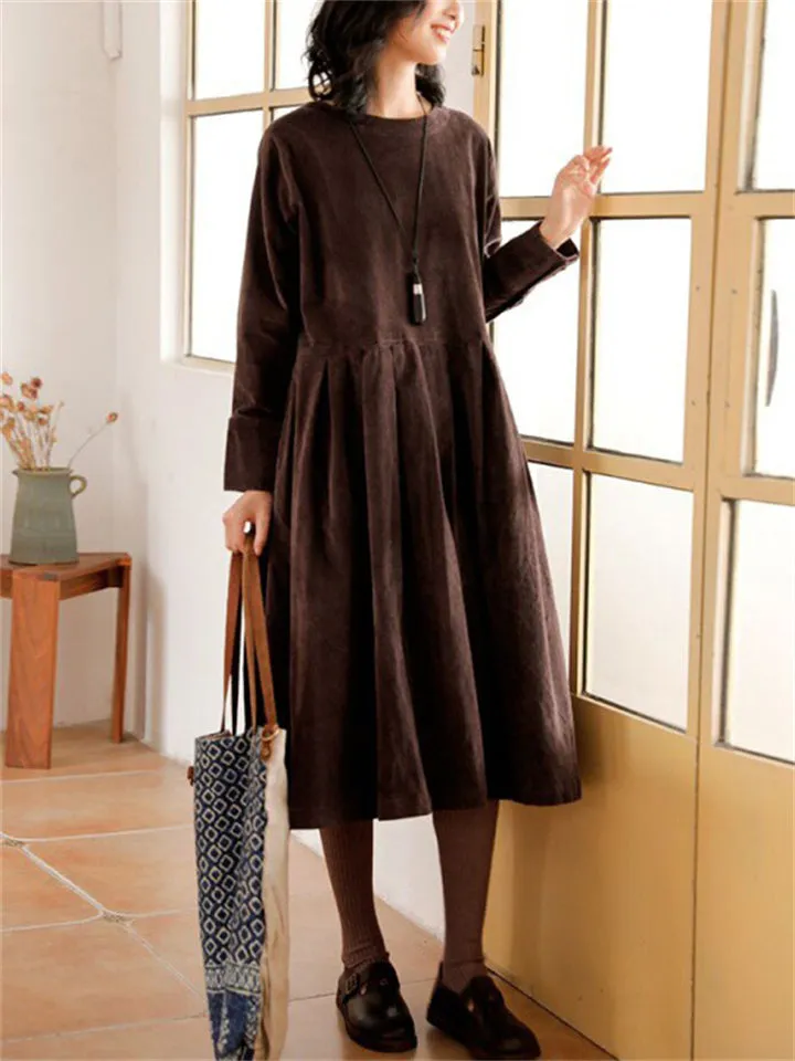 Classy Corduroy Mid-length Dress for Ladies
