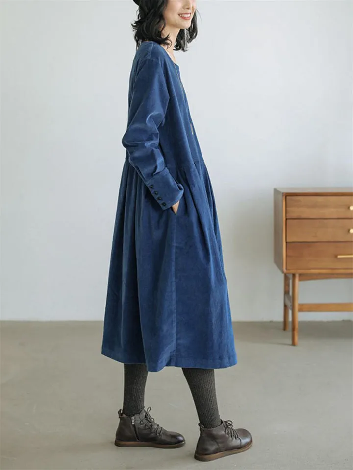 Classy Corduroy Mid-length Dress for Ladies
