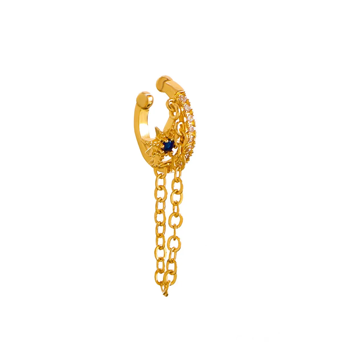 Clear Cubic Zirconia & 18K Gold-Plated Star Chain Ear Cuff