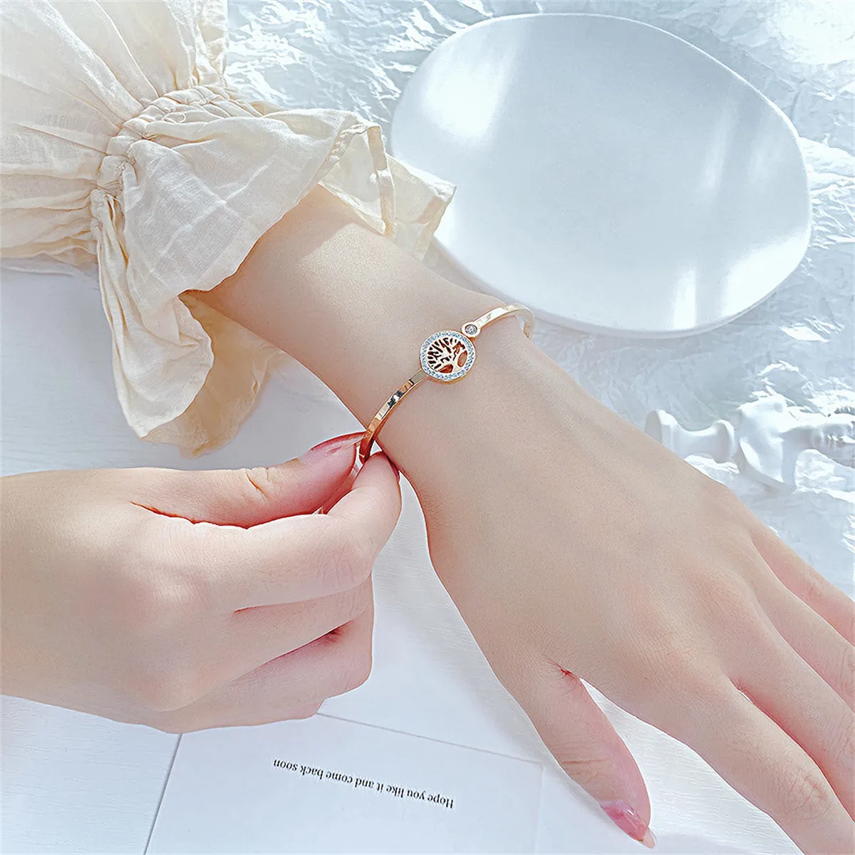 Clear Cubic Zirconia & 18K Rose Gold-Plated Halo Tree Of Life Hinged Bangle