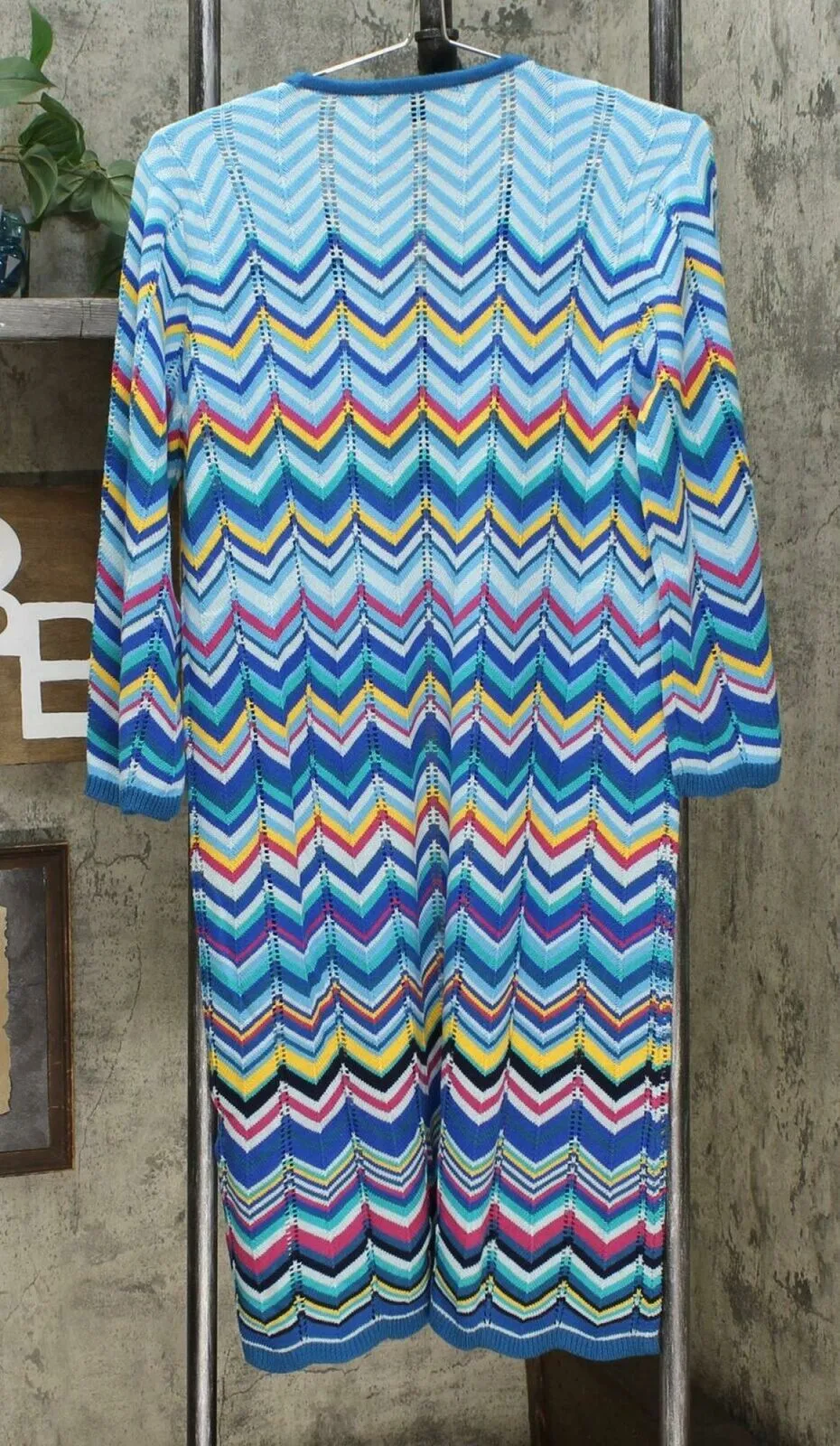 Colleen Lopez Women's Chevron Duster Sweater Cardigan Blue Multi Medium