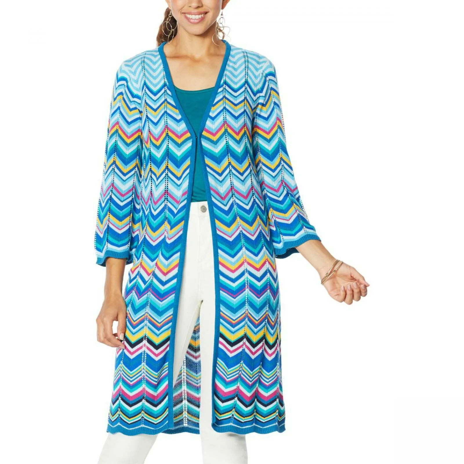 Colleen Lopez Women's Chevron Duster Sweater Cardigan Blue Multi Medium