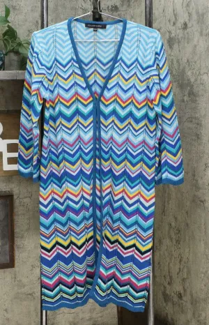 Colleen Lopez Women's Chevron Duster Sweater Cardigan Blue Multi Medium