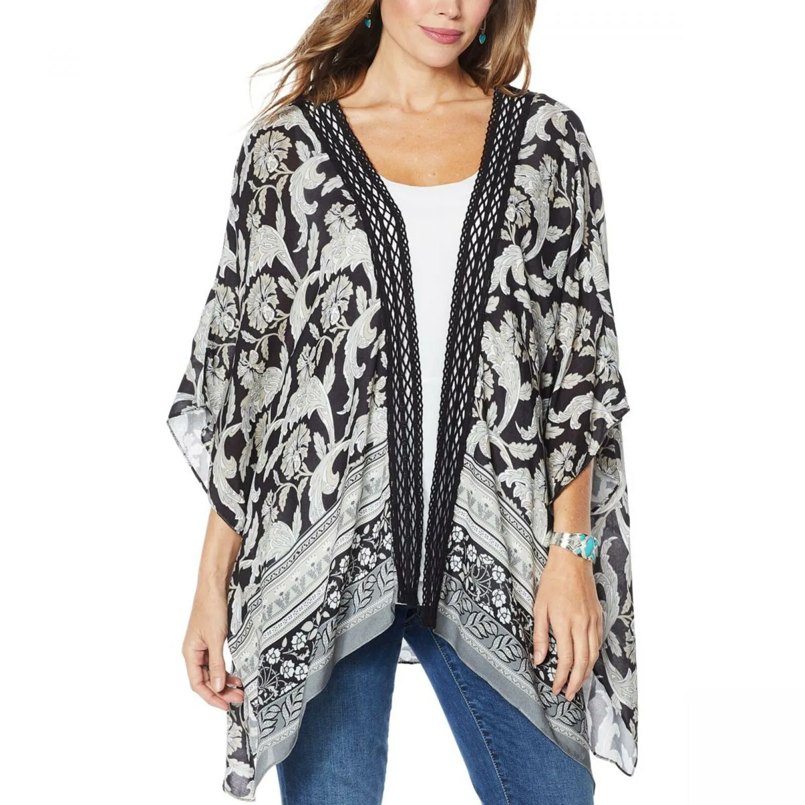 Colleen Lopez Women's Crochet Inset Kimono Topper