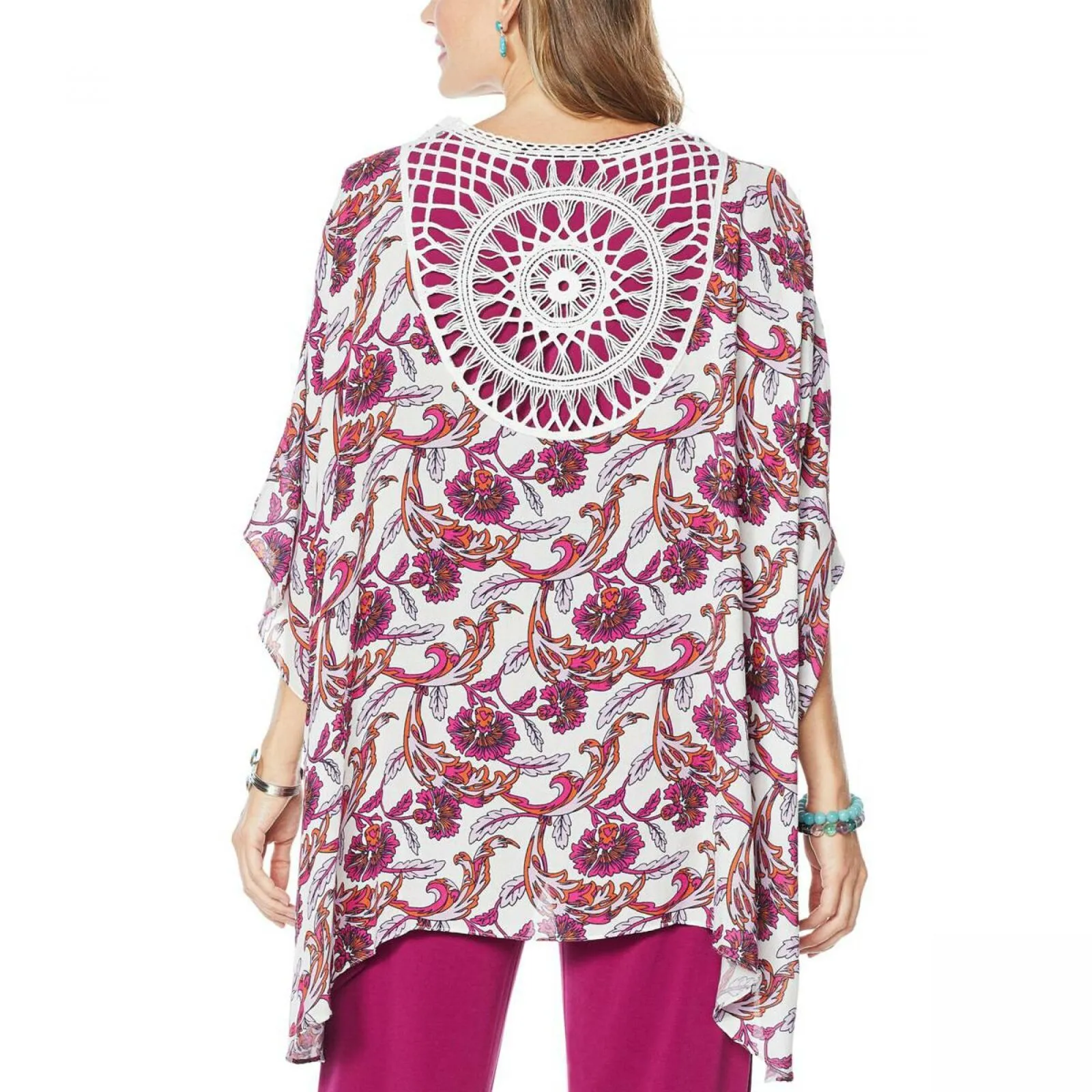 Colleen Lopez Women's Plus Size Crochet Inset Kimono Topper