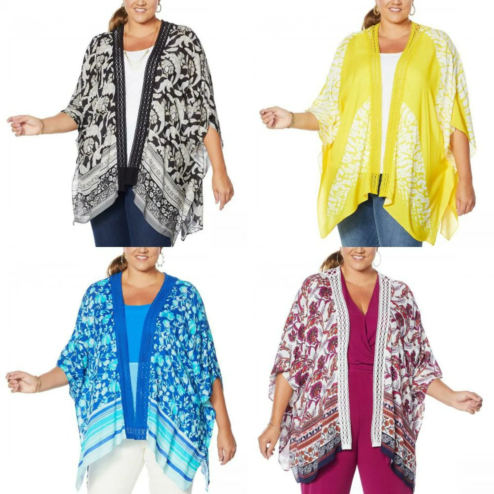 Colleen Lopez Women's Plus Size Crochet Inset Kimono Topper