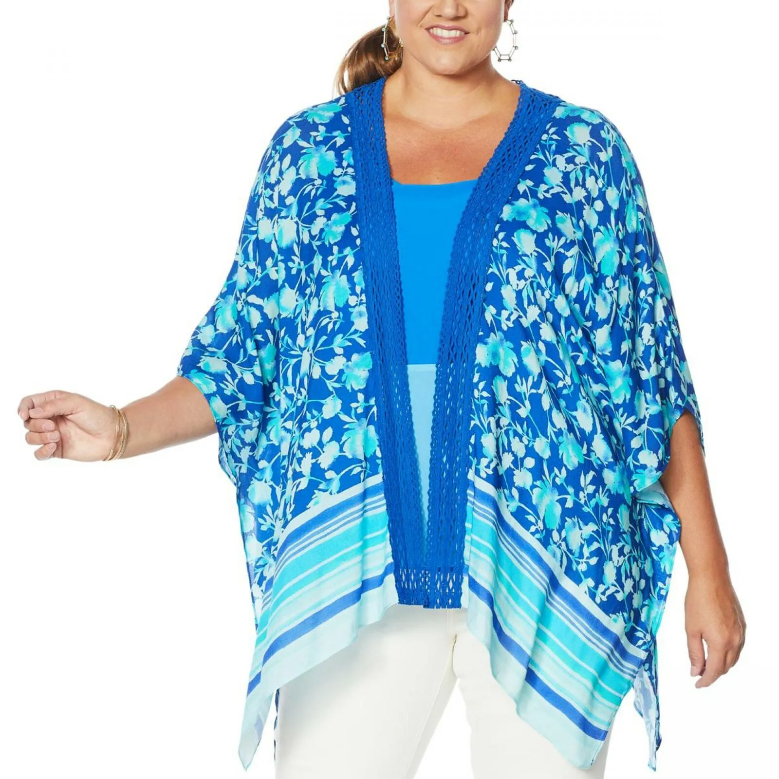 Colleen Lopez Women's Plus Size Crochet Inset Kimono Topper