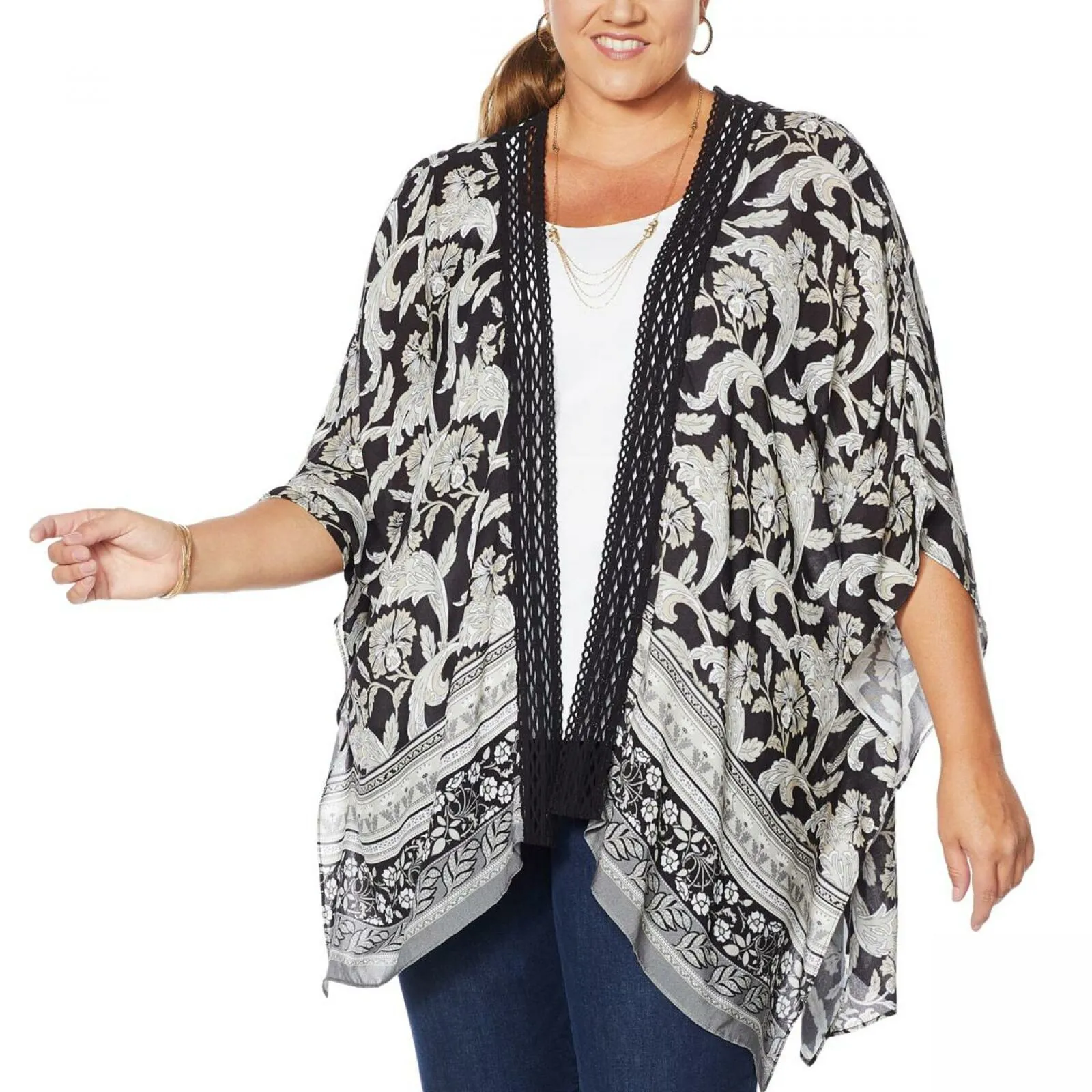 Colleen Lopez Women's Plus Size Crochet Inset Kimono Topper