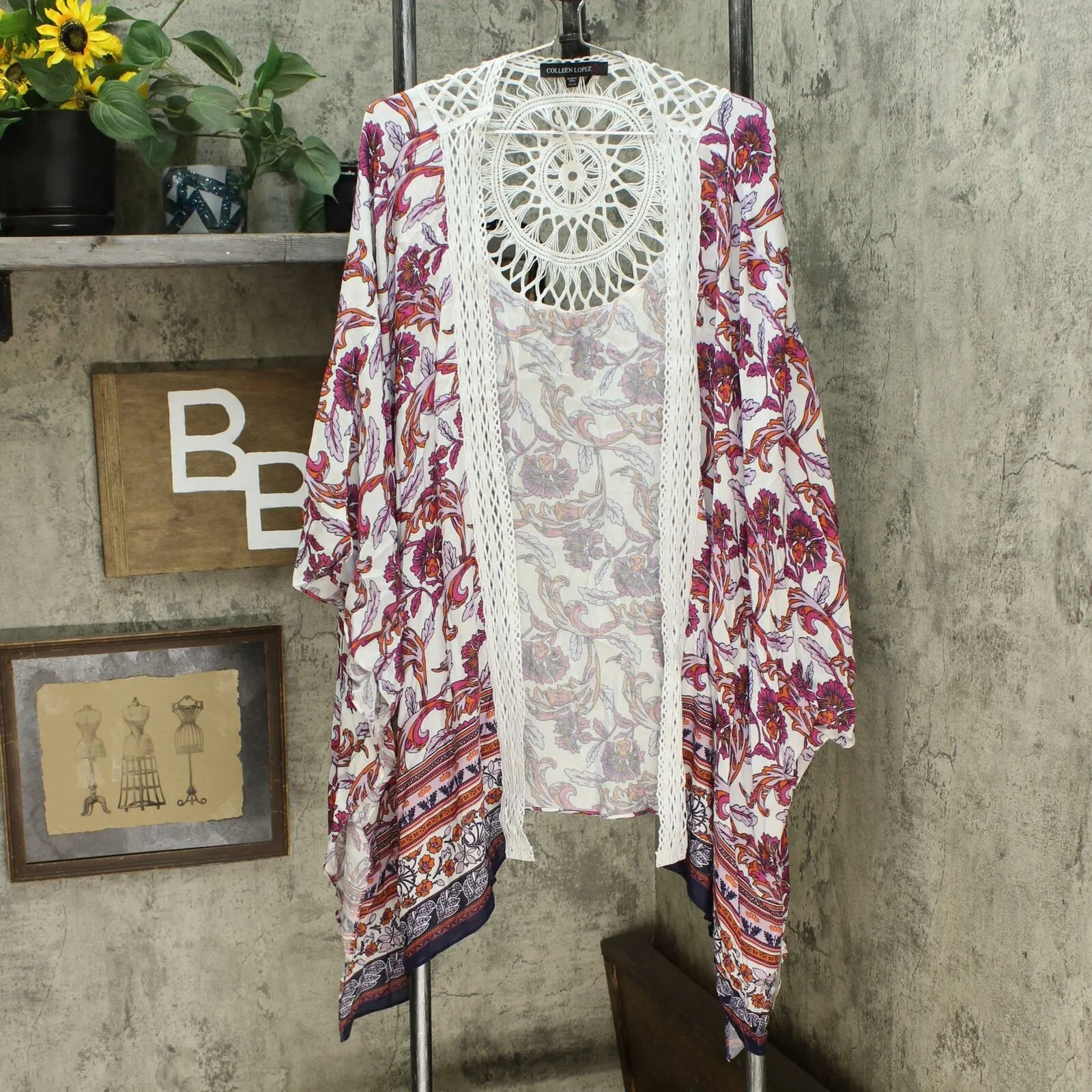 Colleen Lopez Women's Plus Size Crochet Inset Kimono Topper