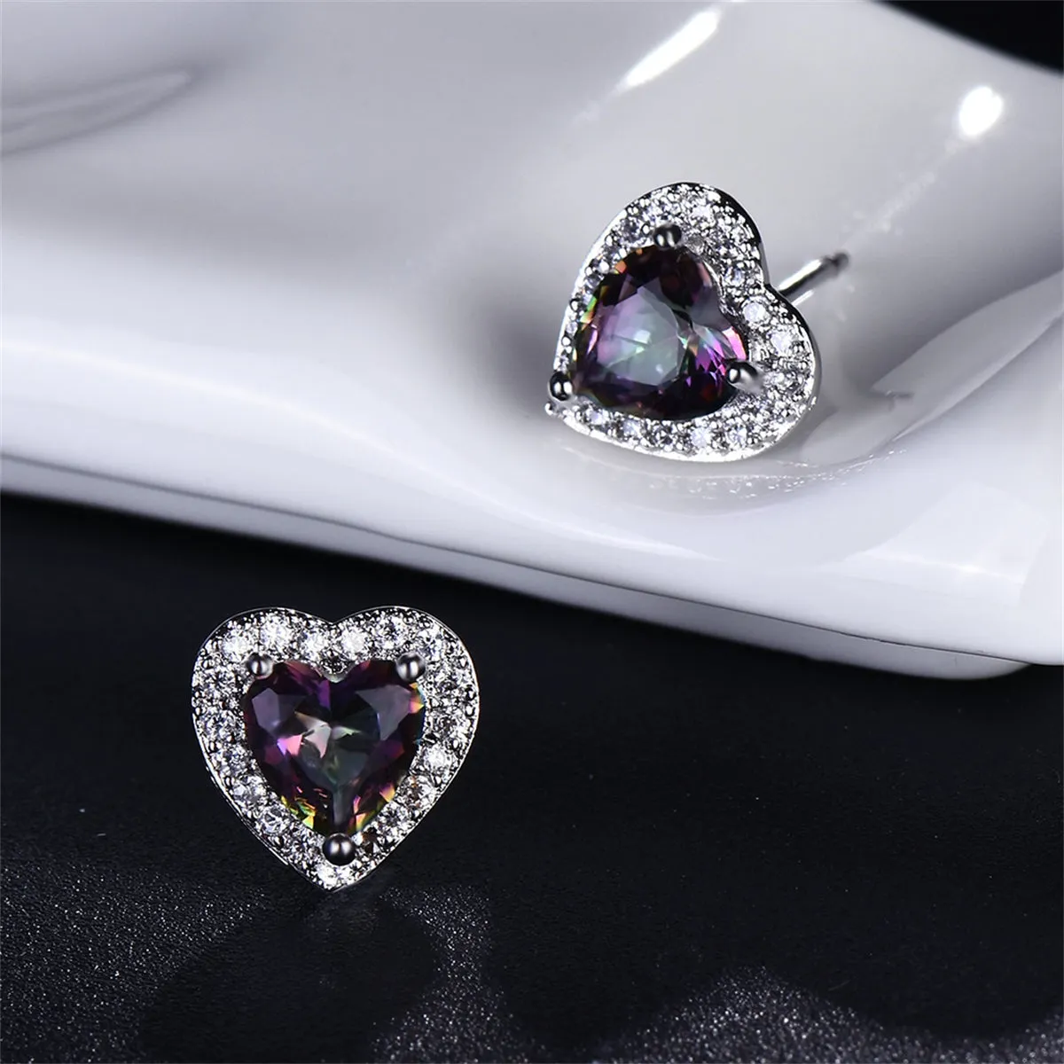 Colored Crystal & Cubic Zirconia Silver-Plated Halo Heart Stud Earrings