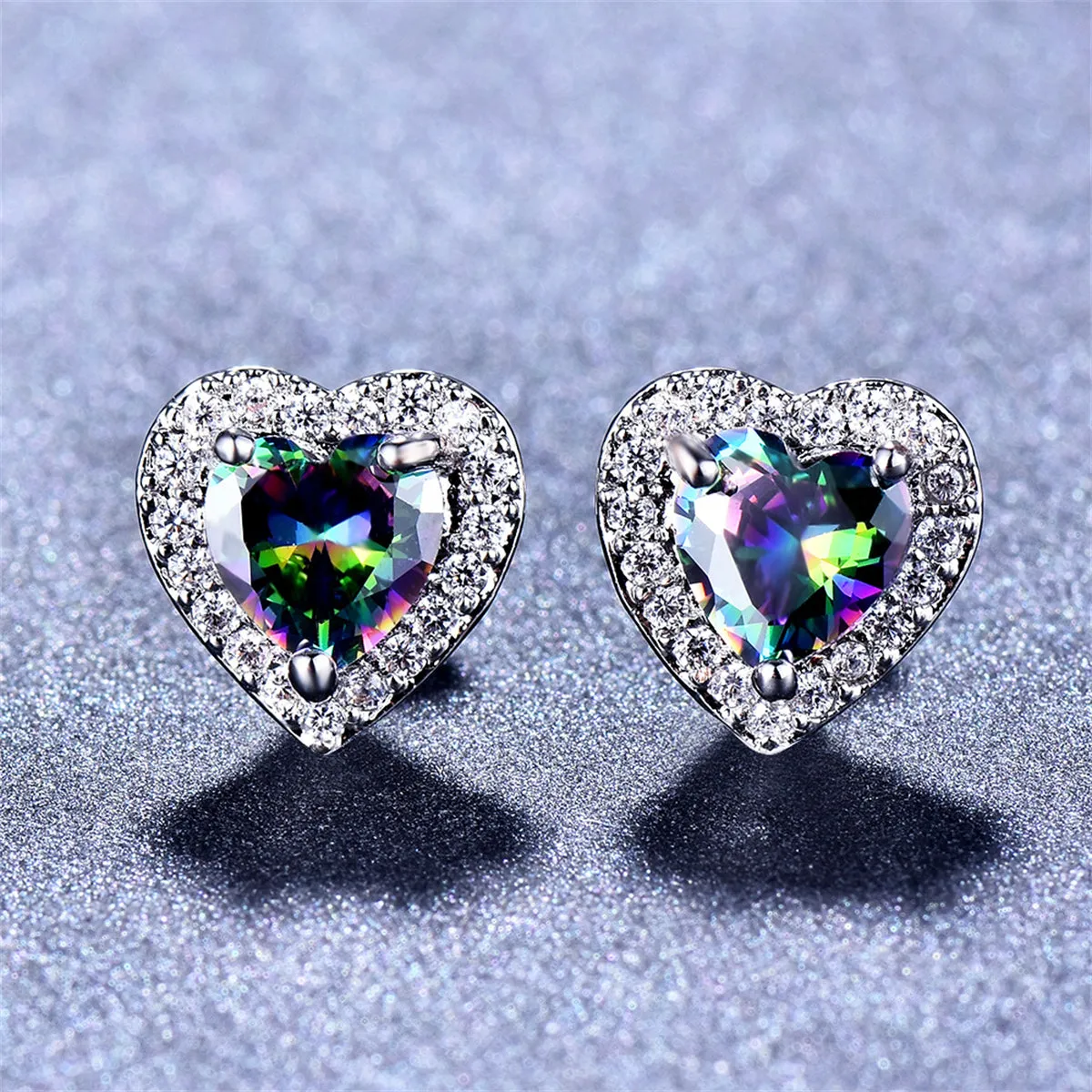 Colored Crystal & Cubic Zirconia Silver-Plated Halo Heart Stud Earrings