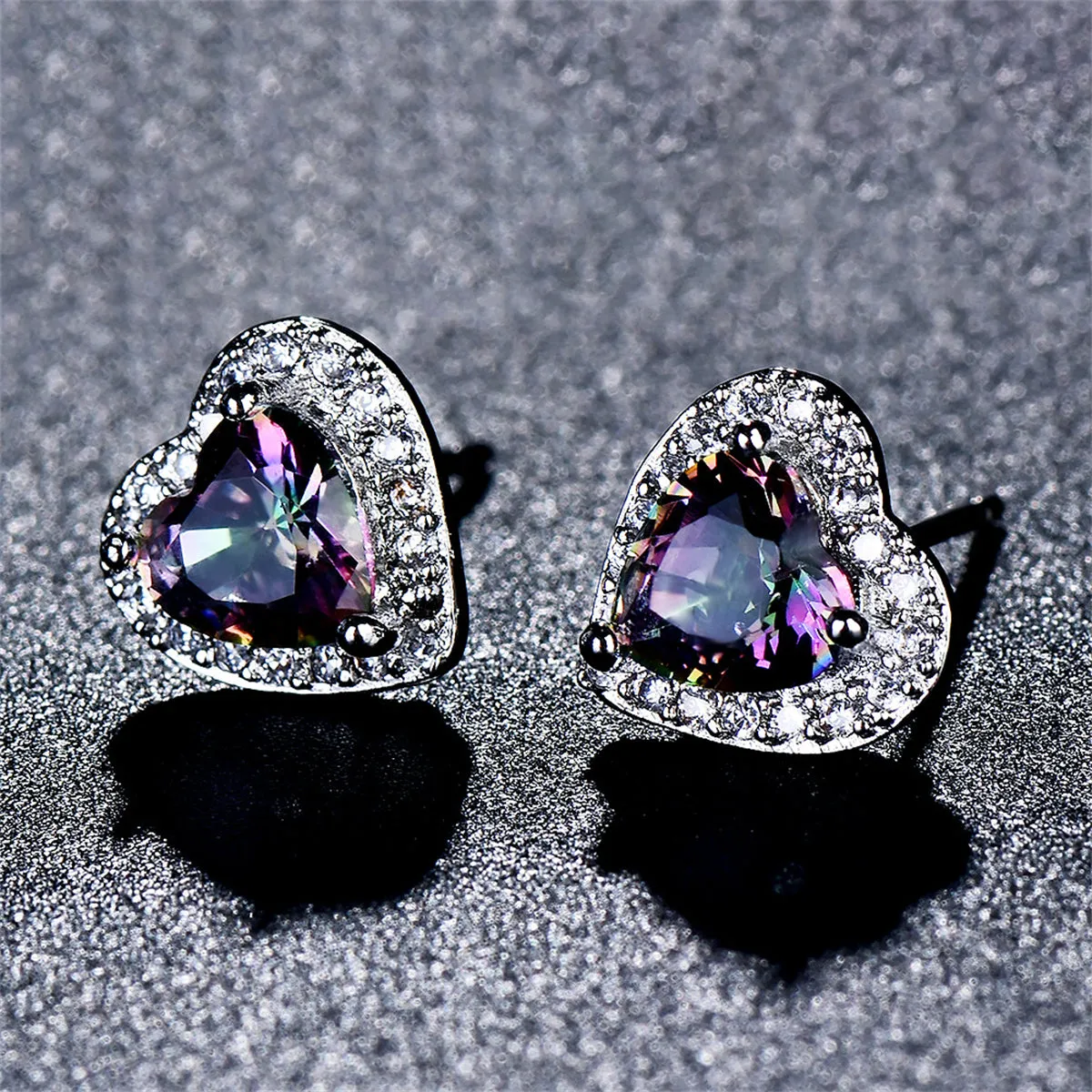 Colored Crystal & Cubic Zirconia Silver-Plated Halo Heart Stud Earrings