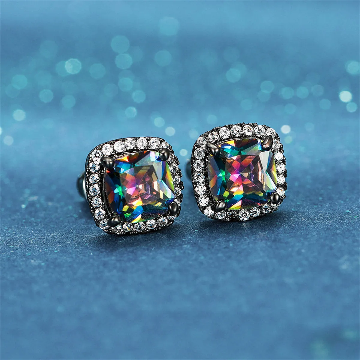 Colored Princess Crystal & Rhodium-Plated Halo Stud Earrings