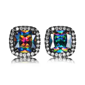 Colored Princess Crystal & Rhodium-Plated Halo Stud Earrings