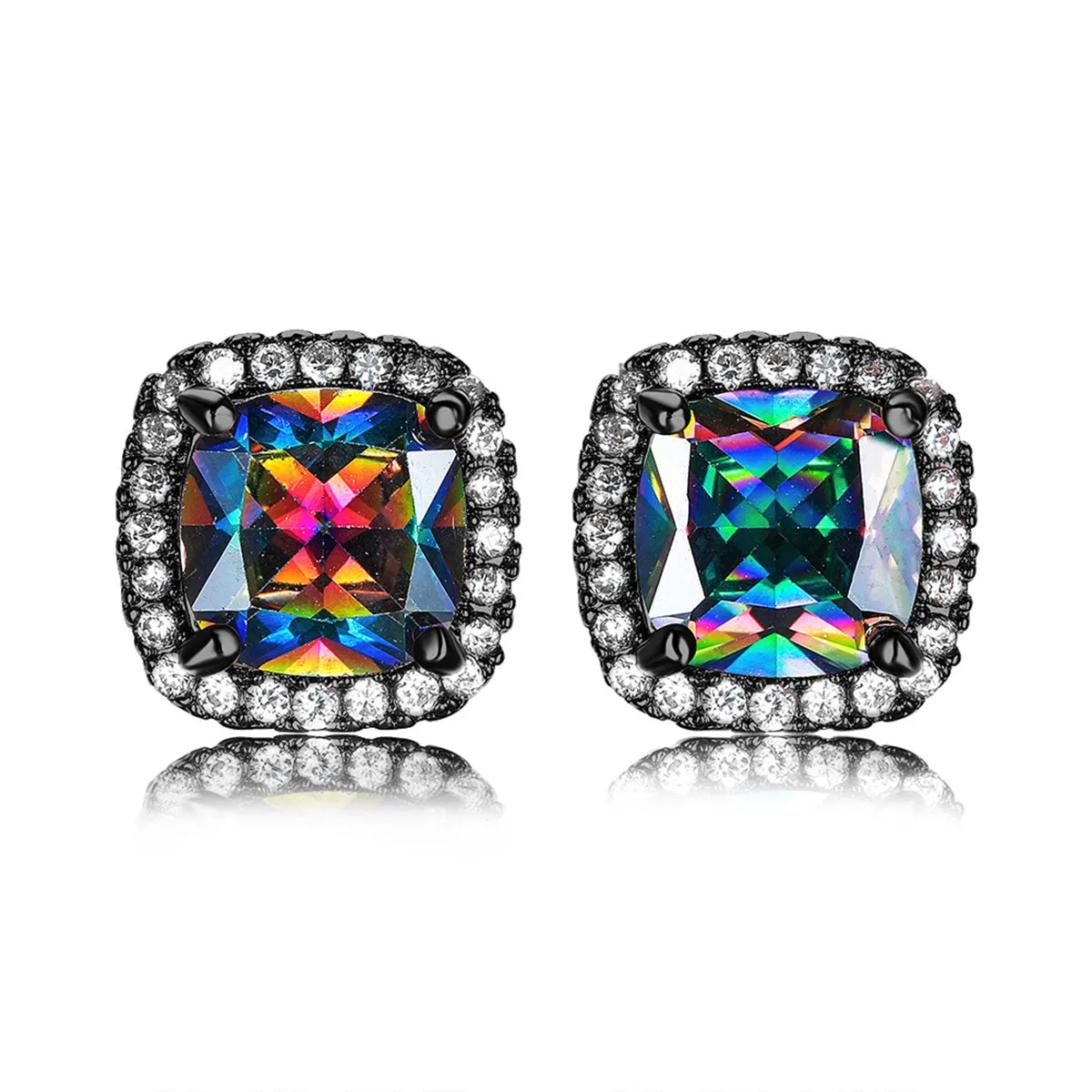 Colored Princess Crystal & Rhodium-Plated Halo Stud Earrings
