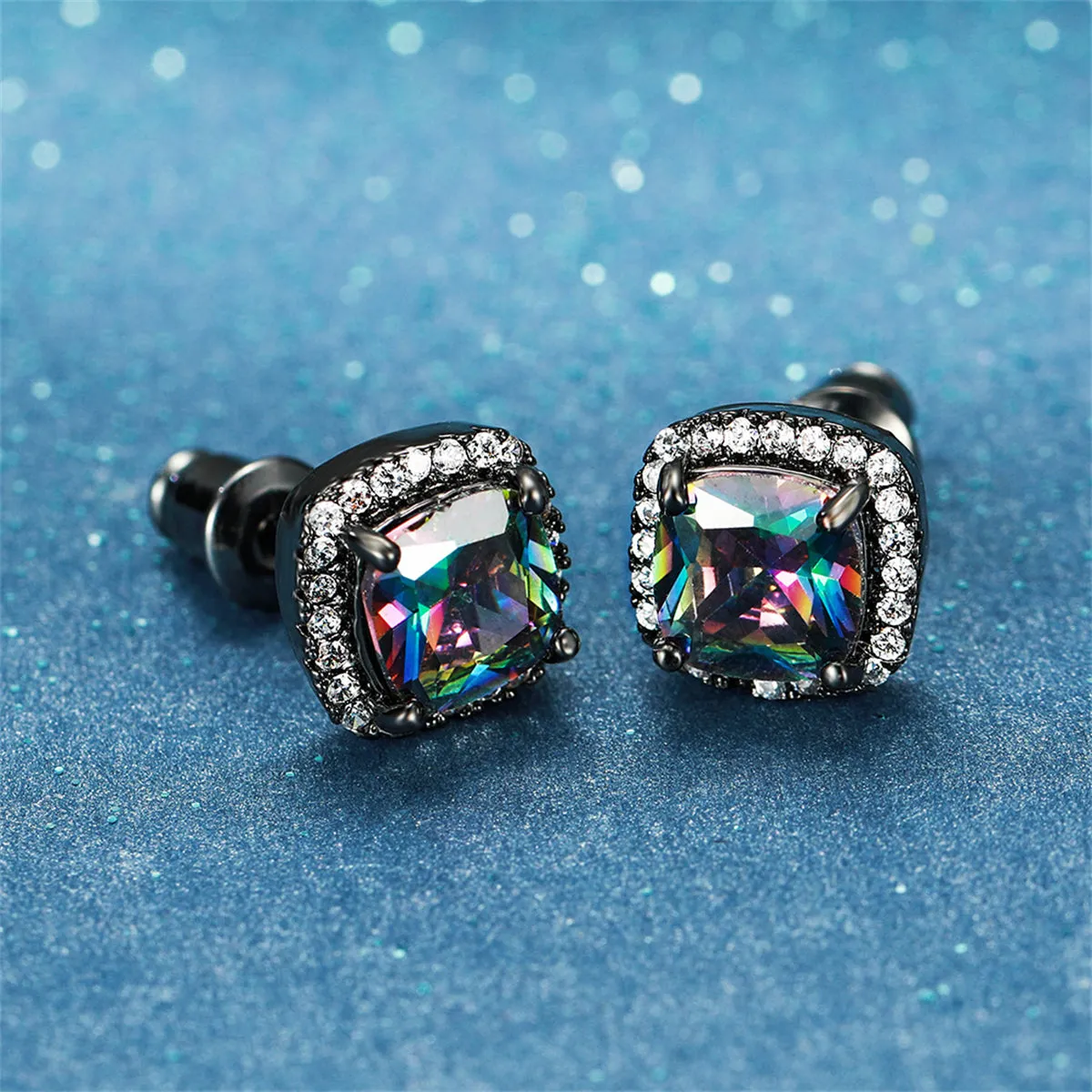 Colored Princess Crystal & Rhodium-Plated Halo Stud Earrings