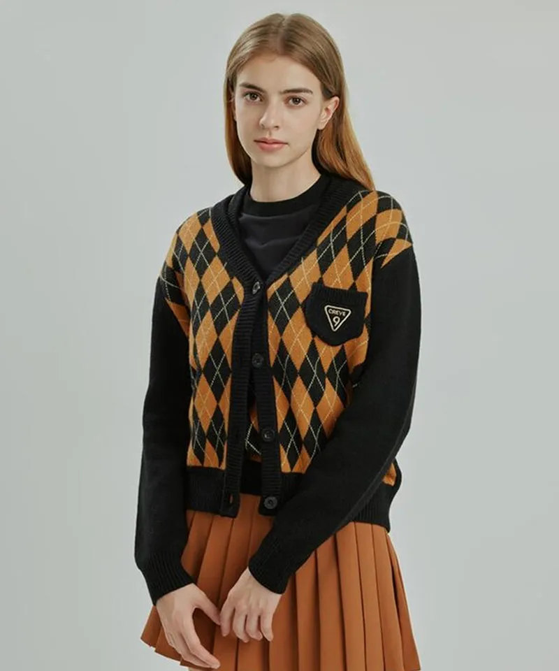 CREVE NINE: Embroidered Argyle Knit Cardigan - Black