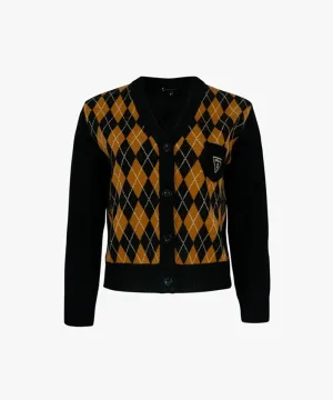 CREVE NINE: Embroidered Argyle Knit Cardigan - Black