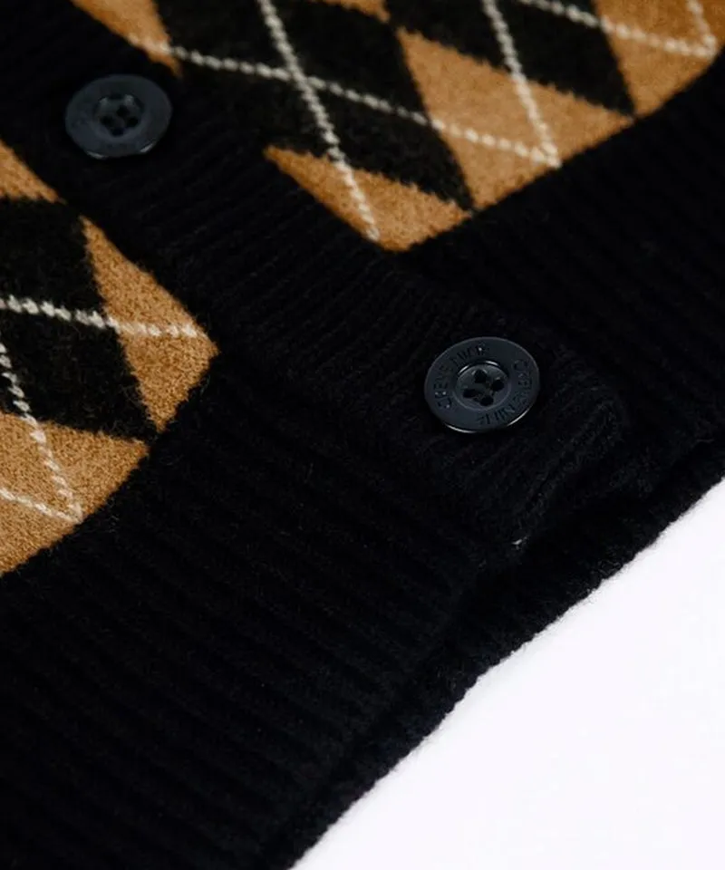 CREVE NINE: Embroidered Argyle Knit Cardigan - Black