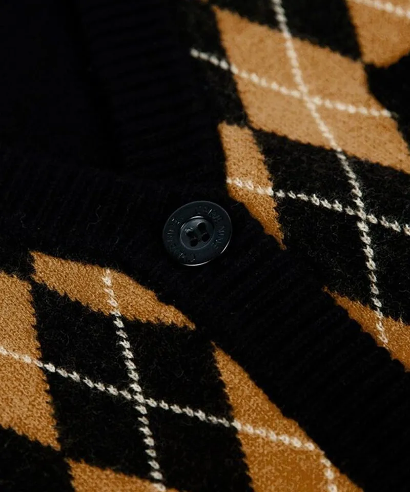 CREVE NINE: Embroidered Argyle Knit Cardigan - Black