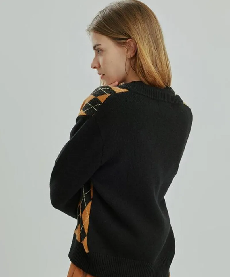 CREVE NINE: Embroidered Argyle Knit Cardigan - Black