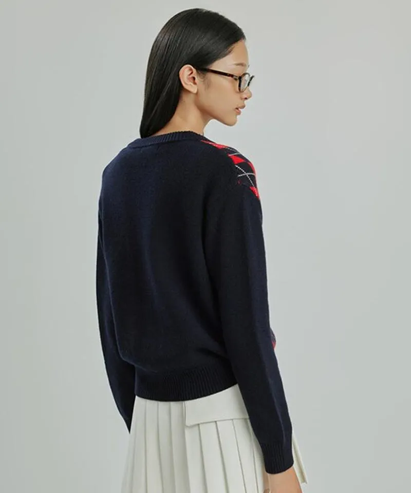 CREVE NINE: Embroidered Argyle Knit Cardigan - Navy