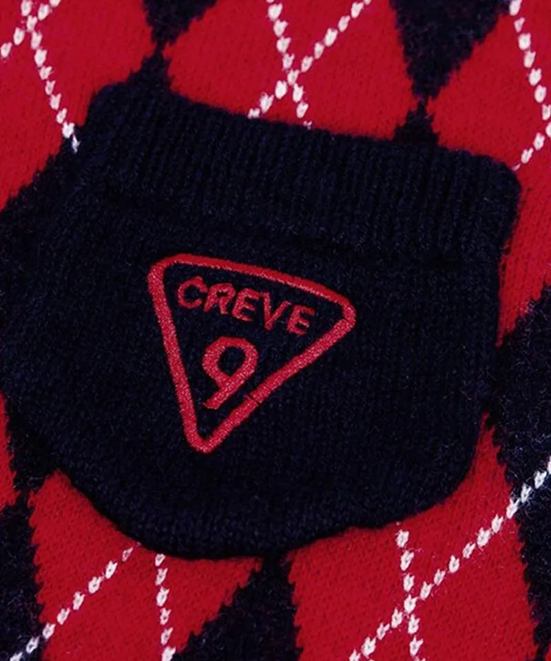 CREVE NINE: Embroidered Argyle Knit Cardigan - Navy