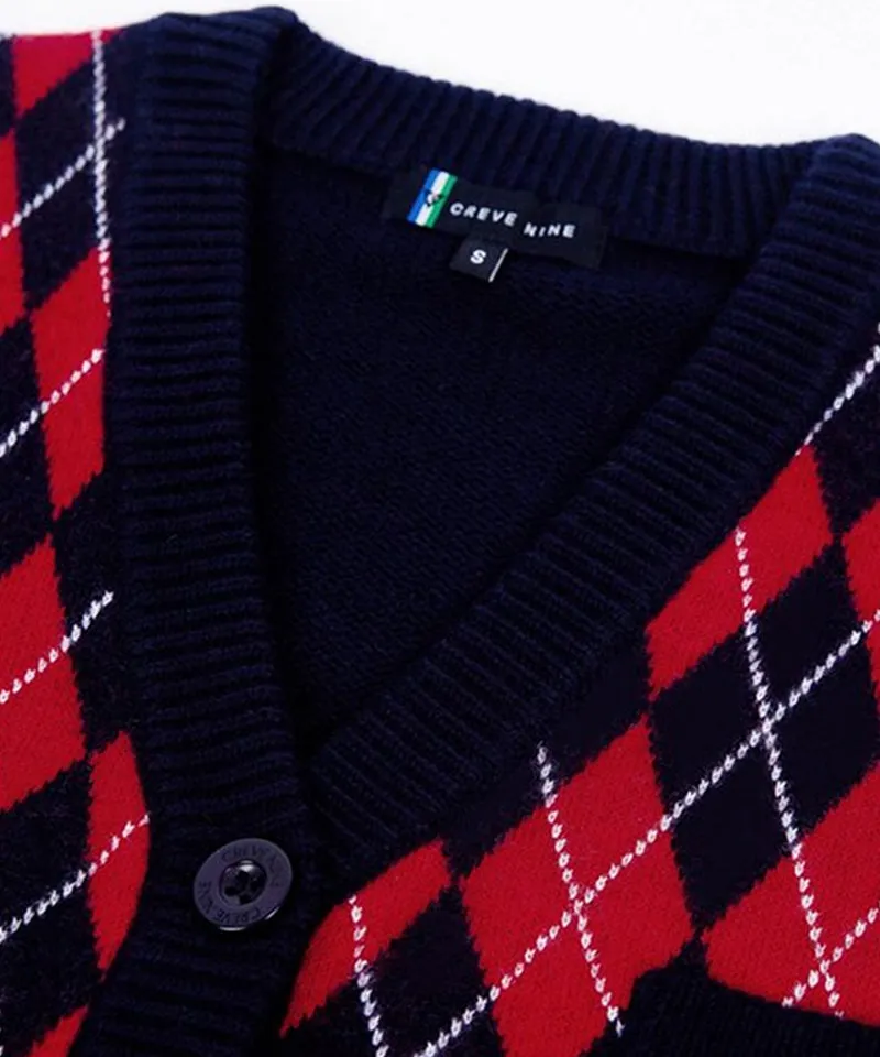 CREVE NINE: Embroidered Argyle Knit Cardigan - Navy