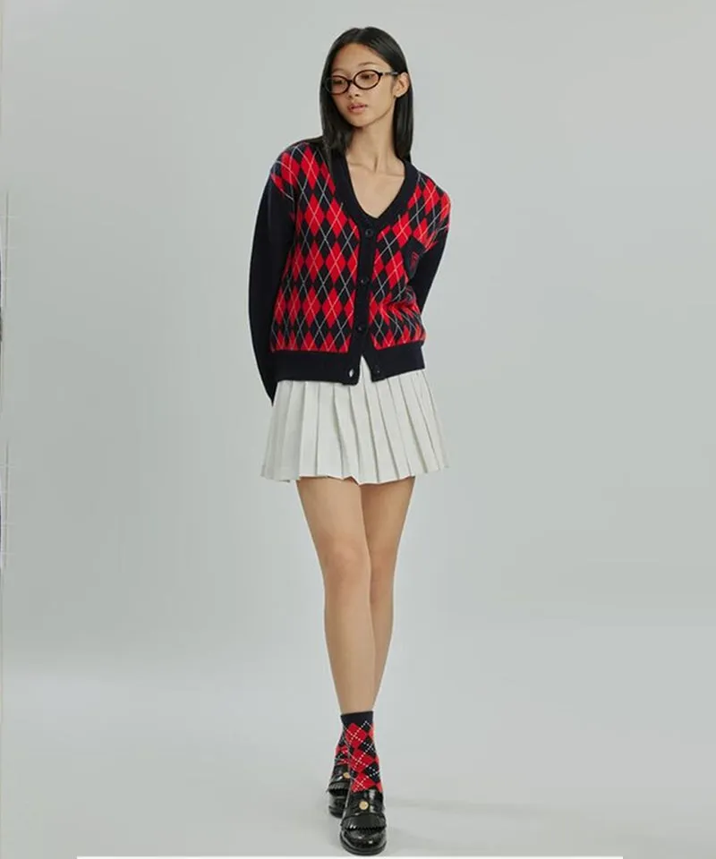 CREVE NINE: Embroidered Argyle Knit Cardigan - Navy
