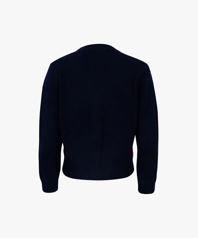CREVE NINE: Embroidered Argyle Knit Cardigan - Navy