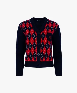 CREVE NINE: Embroidered Argyle Knit Cardigan - Navy