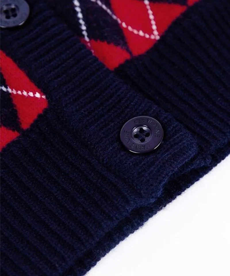 CREVE NINE: Embroidered Argyle Knit Cardigan - Navy