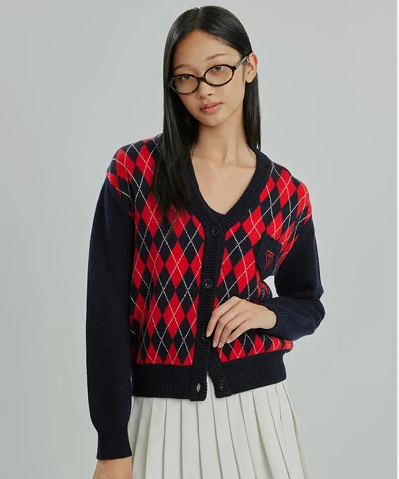 CREVE NINE: Embroidered Argyle Knit Cardigan - Navy
