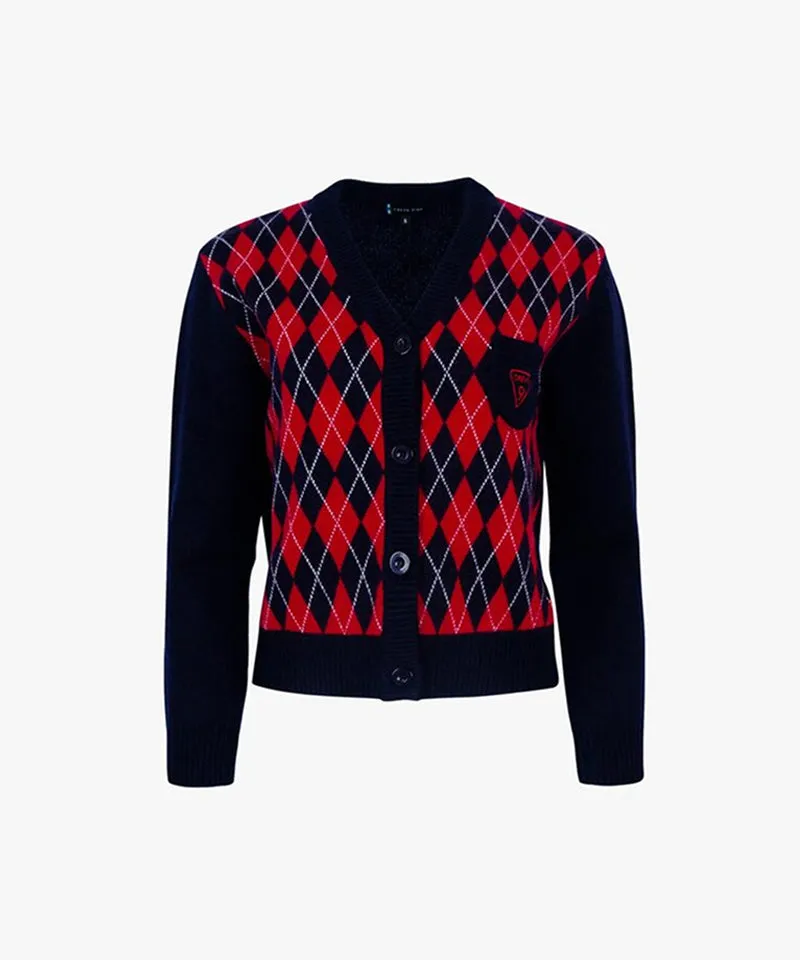 CREVE NINE: Embroidered Argyle Knit Cardigan - Navy