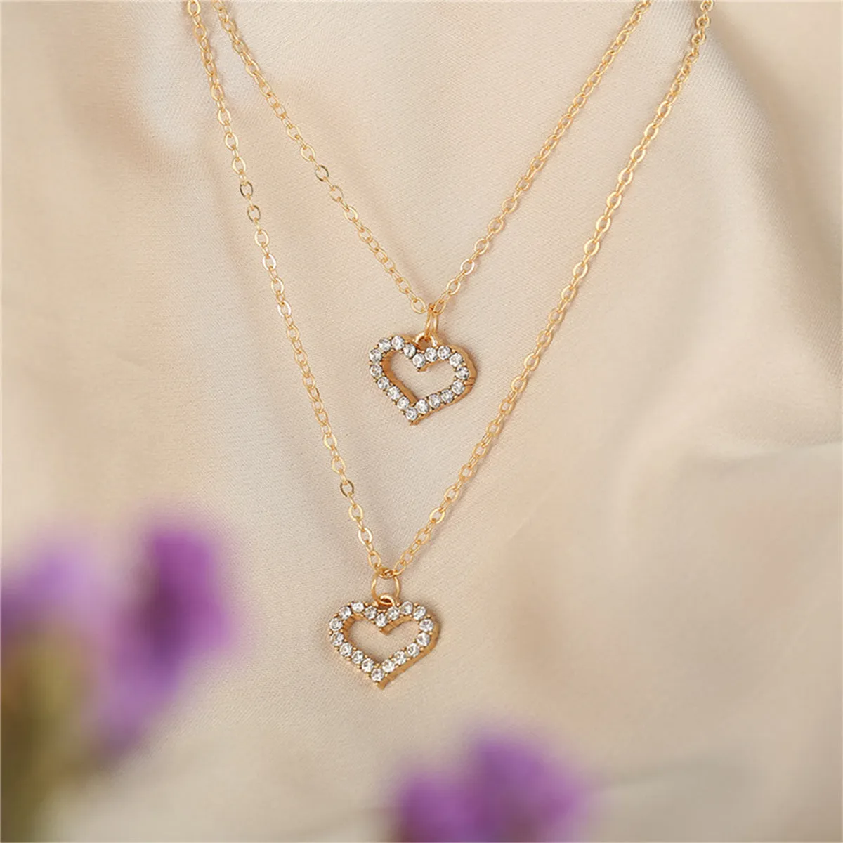 Cubic Zirconia & 18K Gold-Plated Open Heart Pendant Layered Necklace