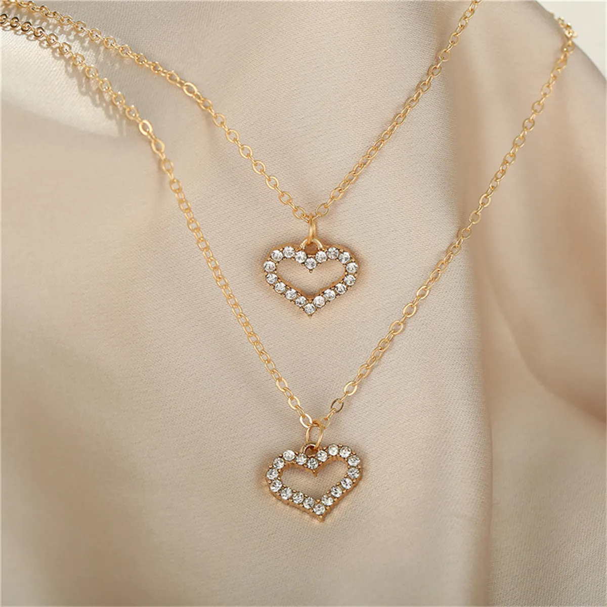 Cubic Zirconia & 18K Gold-Plated Open Heart Pendant Layered Necklace